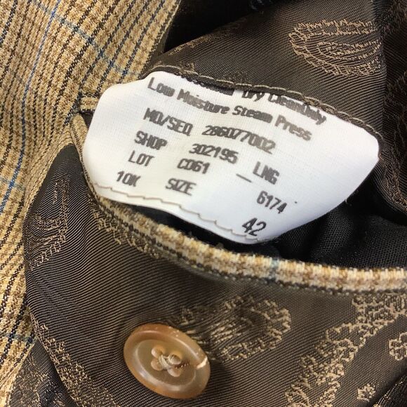 Robert Talbott Carmel Tan Blue Micro Plaid Blazer Jacket 42R Double Two Button - Picture 8 of 14